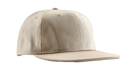 A plain, light tan baseball cap with a flat brim and stitched detailing on the crown