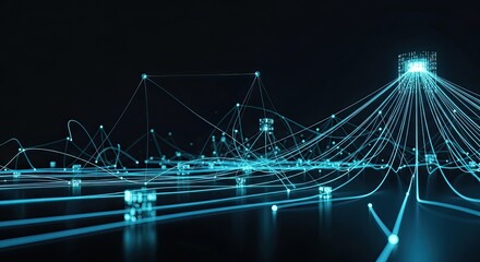 Modern technology network connecting digital data points with glowing blue lines for innovative tech solutions and dynamic data flow visualizations