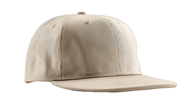 A plain, light tan baseball cap with a flat brim and stitched detailing on the crown