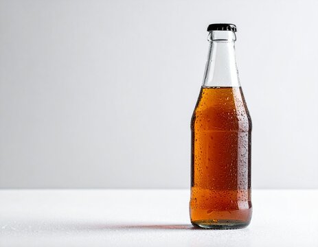 A clear glass bottle filled with a refreshing brown beverage, likely soda or iced tea, with condensation droplets on the surface, isolated on a plain white background
