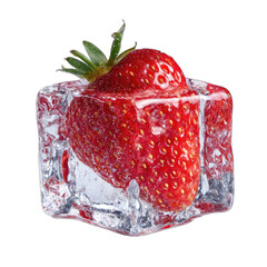 A vibrant red strawberry rests inside a clear ice cube against a black background