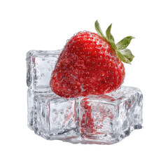 Ripe, red berry rests atop translucent, frosty cubes