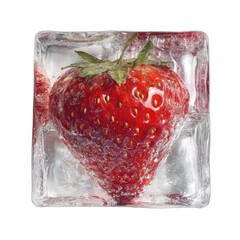 Single red strawberry frozen solid within a clear ice cube, isolated