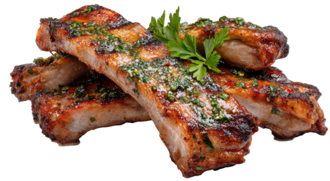 Stack of succulent grilled pork ribs, charred with a vibrant green herb garnish