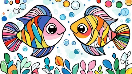 Colorful cartoon fish underwater, playful, children's book illustration, coloring book