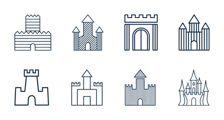 Set of linear castle icons, different types of medieval fortresses and sandcastles, historical architecture line art collection.