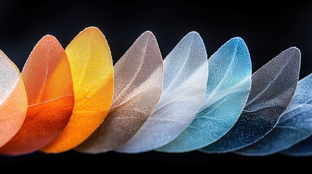 A close-up shot displays a series of frosted leaves arranged in a row, transitioning through a spectrum of colors from warm oranges and yellows to cool blues an