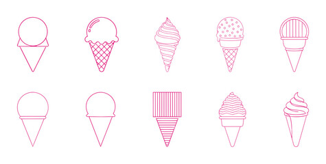 Set of linear ice cream icons, various scoops and soft serve cones with toppings, summer dessert, food, and refreshment concept.