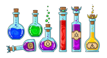 Fantasy game icons set with magical potion bottles and elixirs for a role-playing adventure