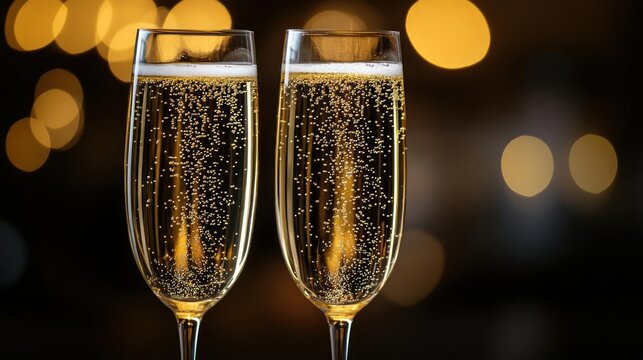 Two glasses of champagne with bubbles and gold bokeh background - Powered by Adobe