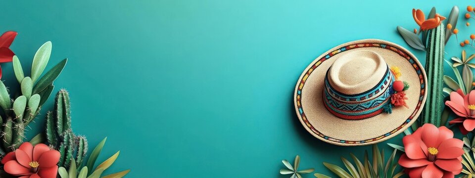 A vibrant arrangement of cacti and flowers with a hat