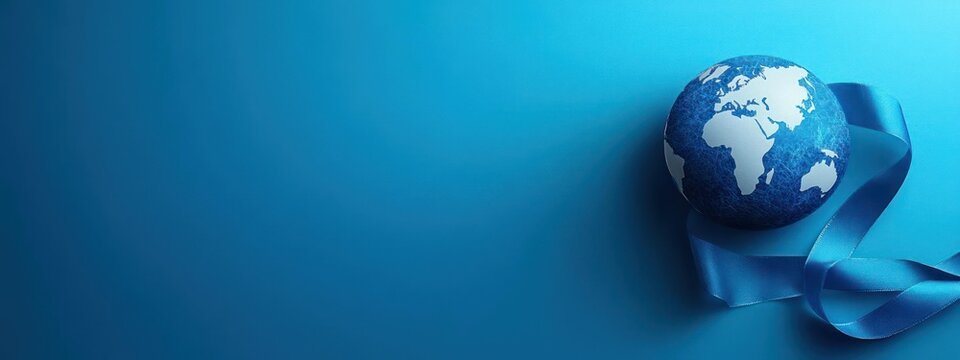 Globe with blue background and ribbon