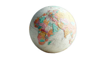 A colorful, textured globe, rendered against a stark black background, highlighting the continents