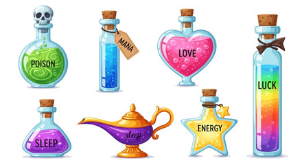 A whimsical collection of cartoon magic potion bottles and a lamp. Fantasy elixir icons for luck, sleep, love, poison, and mana