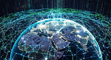 Global connectivity visualization with data streams and network connections, perfect for illustrating international technology and communications, showing worldwide reach