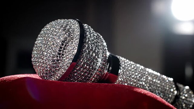 Glamorous Microphone On Red Velvet In A Stage Setting