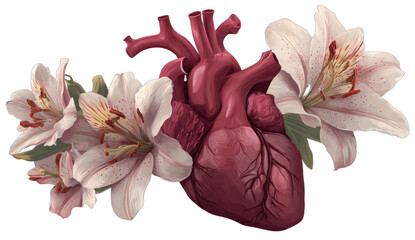 Realistic human heart entwined with delicate white speckled lilies and greenery