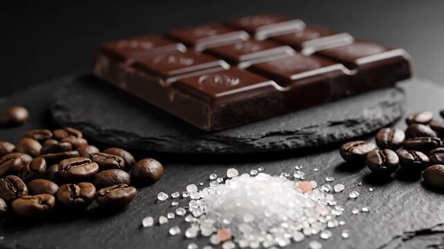 Close up of dark chocolate bar with coffee beans and sea salt