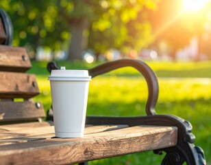 A White Disposable Coffee Cup Rests on a Wooden Park Bench Bathed in Warm Sunlight