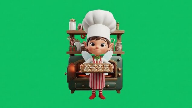 3D Chef fairy character standing in front of oven holding cake pan doing very minimalistic idle movements Green screen background