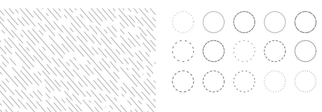 Circles with dashed line, Set Dashed and dotted circle frames or icons. Dotted round lines, Cut here pictograms for coupons or tags. Vector outline.