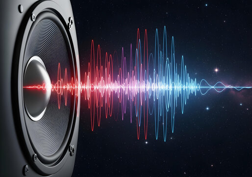 A close-up of a speaker emitting vibrant sound waves, illustrating physics concepts like doppler effect, waveform distortion. Visualizes audio frequency, motion with glowing red and blue lines against