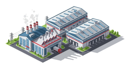 Modern industrial complex with factory buildings, warehouses, and logistics operations in an isometric vector illustration style