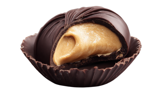 Close-up of a chocolate confection with a peanut butter filling, inside a fluted paper cup