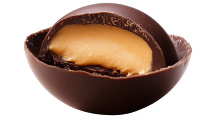 Close-up of a halved chocolate sphere revealing a smooth, creamy peanut butter filling