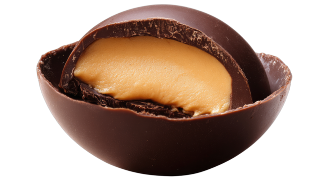 Close-up of a halved chocolate sphere revealing a smooth, creamy peanut butter filling