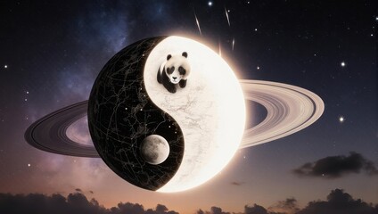 Yin Yang Planet with Dog Face in Space.