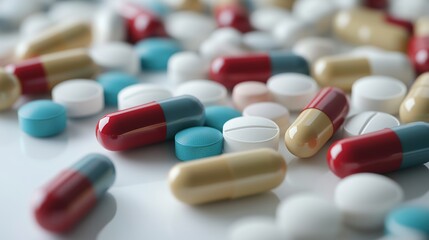 Pharmaceutical Products Presentation with Neutral Capsules and Medicinal Tablets on White Background. Clean, Professional Layout for Text and Sharp Product Focus.