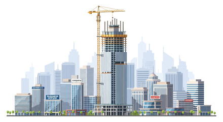 Dynamic Urban Landscape Under Development Modern Cityscape Featuring Skyscraper Construction with Tower Crane, Illustrating Architectural Progress