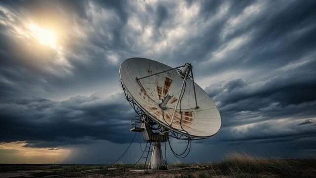 Signal Receiver under Dramatic Sky: A large satellite dish stands sentinel against a dramatic sky filled with dark, billowing clouds, a beacon of communication in the vast expanse.