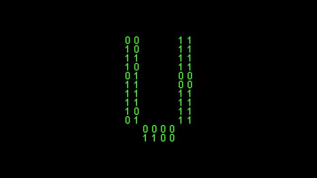 Single U alphabet letter on binary code background with matrix effect