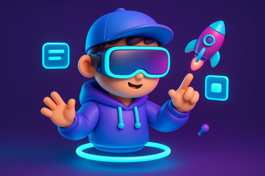 Colorful virtual reality gamer character with futuristic neon elements