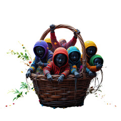 Basket of colorful yarn balls with knitting needles in funny cartoon creative style