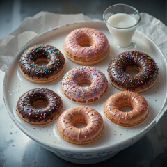 Plate of assorted donuts with glass of milk in funny cartoon breakfast character style