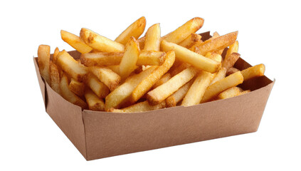 Close-up of golden-brown crispy french fries in a brown paper serving container