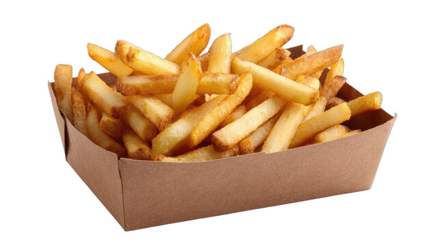 Close-up of golden-brown crispy french fries in a brown paper serving container