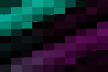 An abstract mosaic of teal and purple squares creates a visually interesting pattern, blending cool and warm tones in a pixelated design