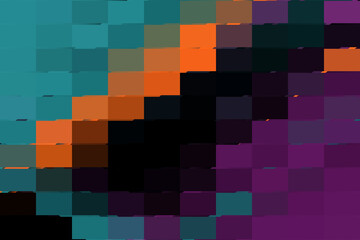 An abstract composition featuring teal, orange, black, and purple hues arranged in a pixelated style, creating a modern and artistic design