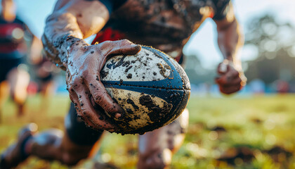 Muddy Rugby Player Running with Ball