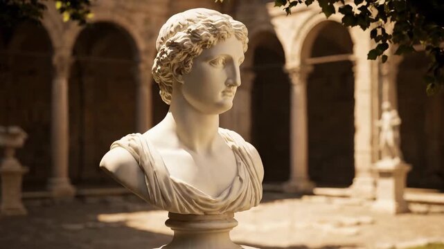 Marble bust of a woman in an outdoor garden setting