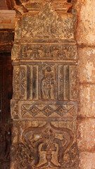 India, Karnataka, Ancient 12th Century Lord Shiva Temple, Carvings of Hindu Deities on the Wall of Monument, 