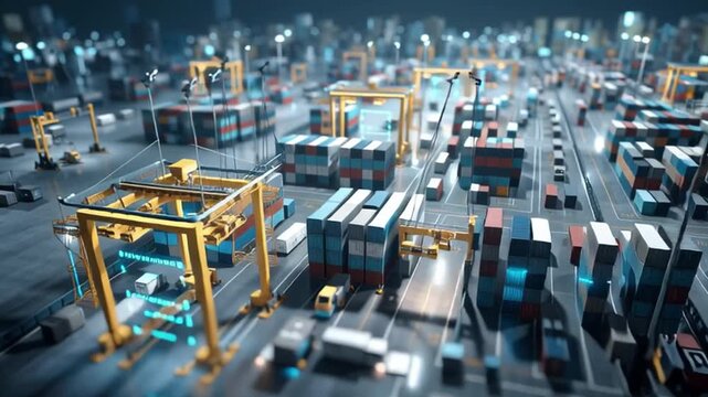 Modern logistics hub with automated systems, managing the flow of cargo and transport industry goods, emphasizing digital oversight and high-tech distribution.