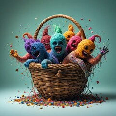 Cute colorful cartoon creatures sitting together in a wicker basket with playful smiles