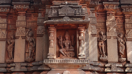 India, Karnataka, Ancient 12th Century Lord Shiva Temple, Carvings of Hindu Deities on the Wall of Monument, 