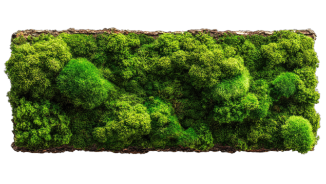 Lush green moss patch with diverse textures and shades, framed by natural bark