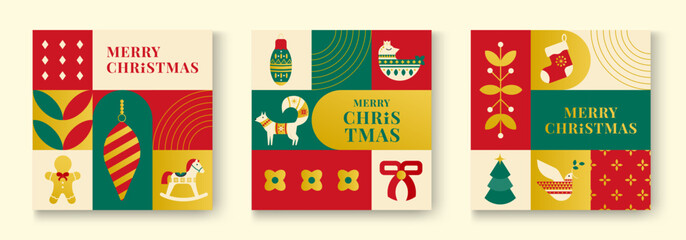 Three Christmas cards with geometric designs and festive holiday themes.
